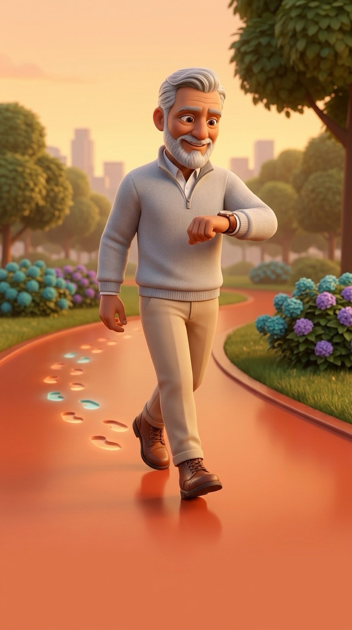 Karim, ready for a walk, standing at the start of a park path