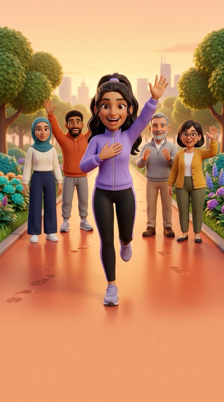 Noor, in a purple track jacket, waving hello on a park path