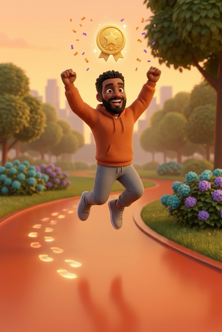 Omar, cheerful and ready, at the start of a park path